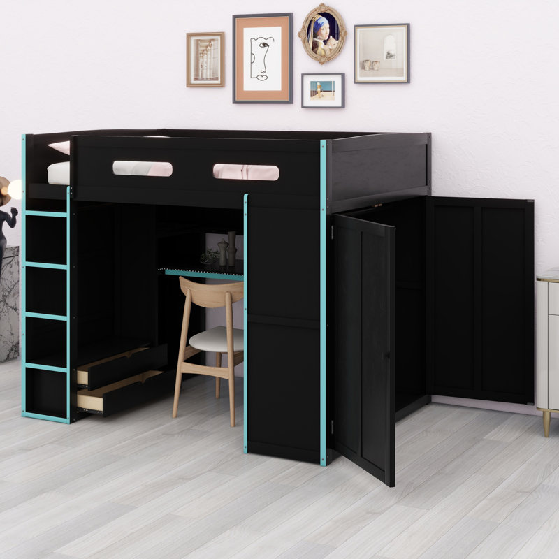 Lit mezzanine en bois avec bureau, garde-robe, grand espace de rangement et lumière DEL RVB, Bleu nuage