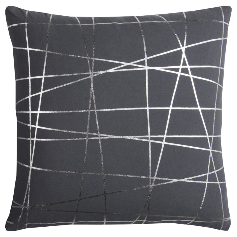  Square Cotton Pillow Cover & Insert, Black/Silver