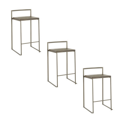 26" Stackable Counter Stool in Antique Metal and Espresso Wood Seat