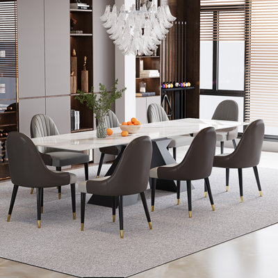 Raliect Dining Table Set With 94.5” Extendable Sintered Stone Table and 8 Faux Leather Chairs