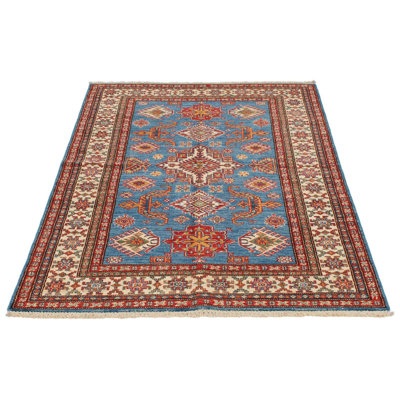 4x6 Blue and Ivory Kazak Tribal Rug
