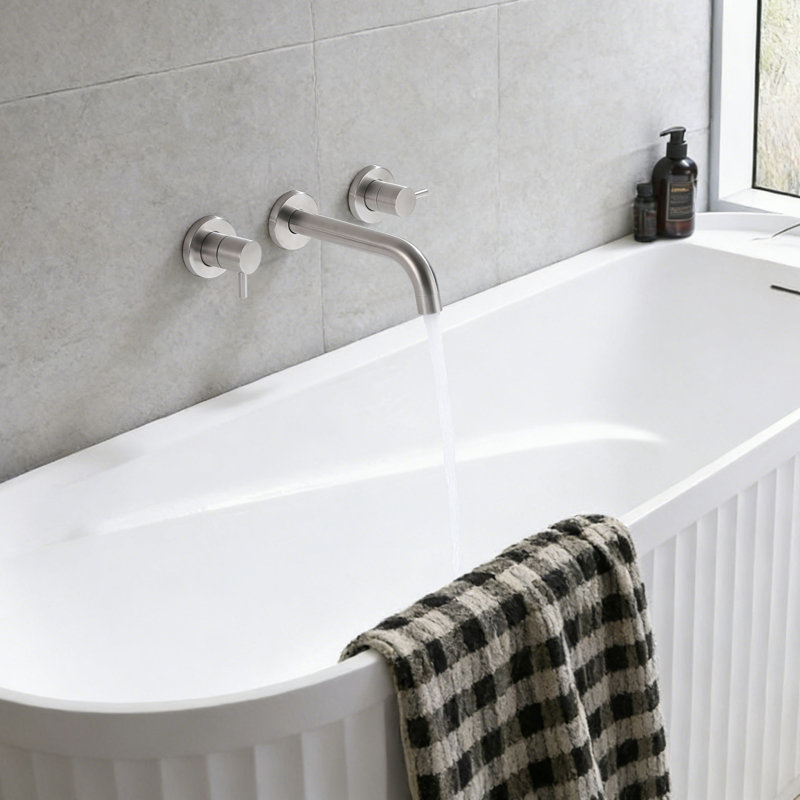 High Flow 2-Handle Wall-Mounted Stainless Steel Tub Filler With Rough-In Valve, Brushed Nickel