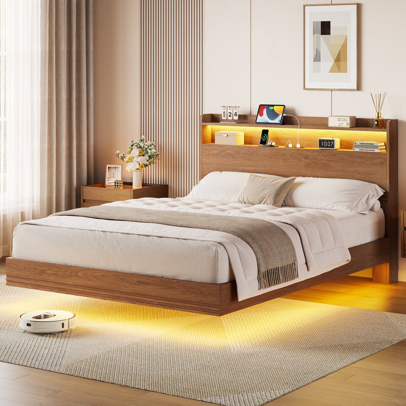 Cadre de lit flottant pleine grandeur avec rangement, station de recharge et lumières DEL, cadre de lit en bois cannelé avec tête de lit de rangement pour chambre à coucher, aucun sommier requis