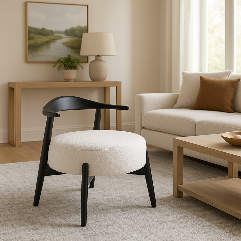 Chaise d'appoint Noel, tissu blanc, coussin rond en mousse, structure en bois noir