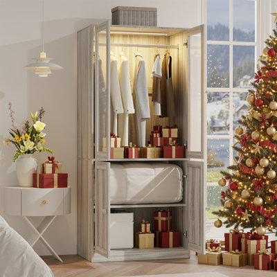 74.8" H Wardrobe Armoire 2 Glass Door With Smart Led Light And 2 Storage Shelves by Ebern Designs