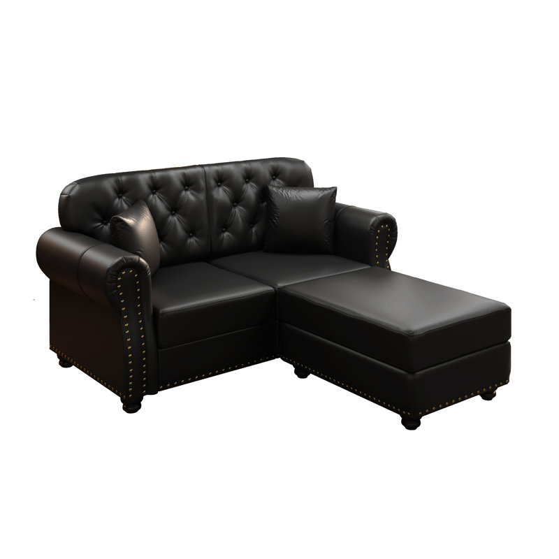 Mid-Century Modern 63" Upholstered Sofa With Nailhead Trim And 2 Ottomans, Faux Leather, Chesterfield Sofa With Button Tufted