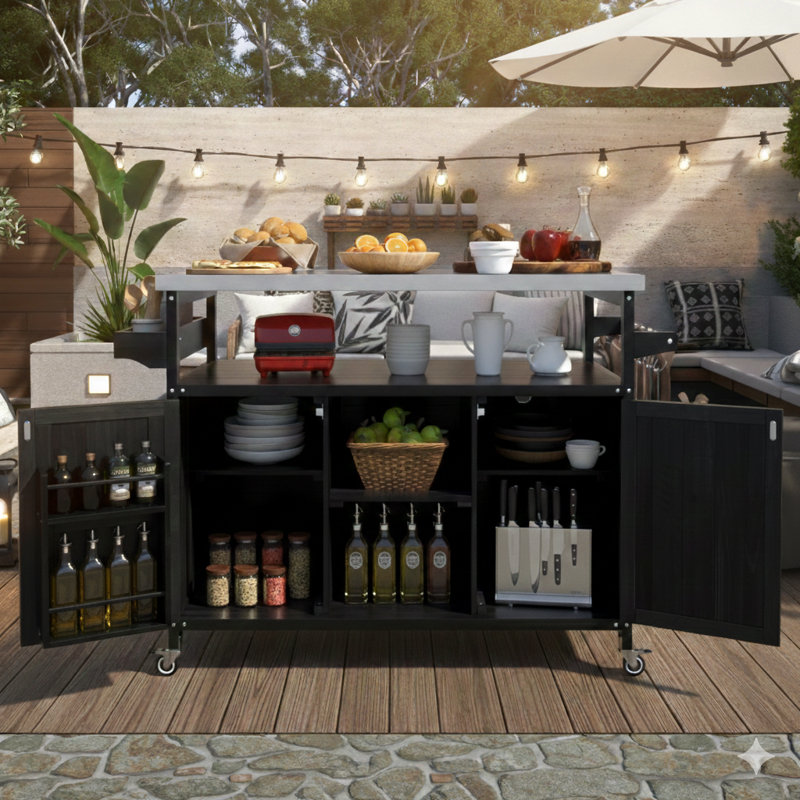Îlot de cuisine extérieur - Chariot-bar roulant et armoire de rangement en bois massif de ferme, surface de travail en acier inoxydable, avec support à épices et porte-serviettes - Convient pour la cuisine et le barbecue, finition noire