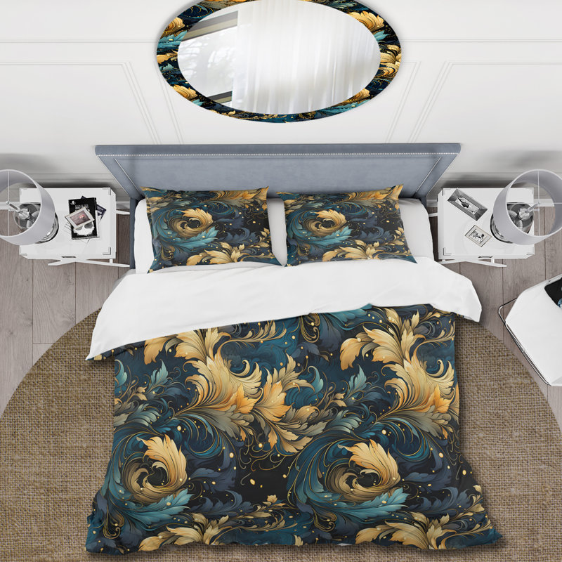 Blue And Yellow Cosmic Damask Whirls - Ensemble de housse de couette en damas