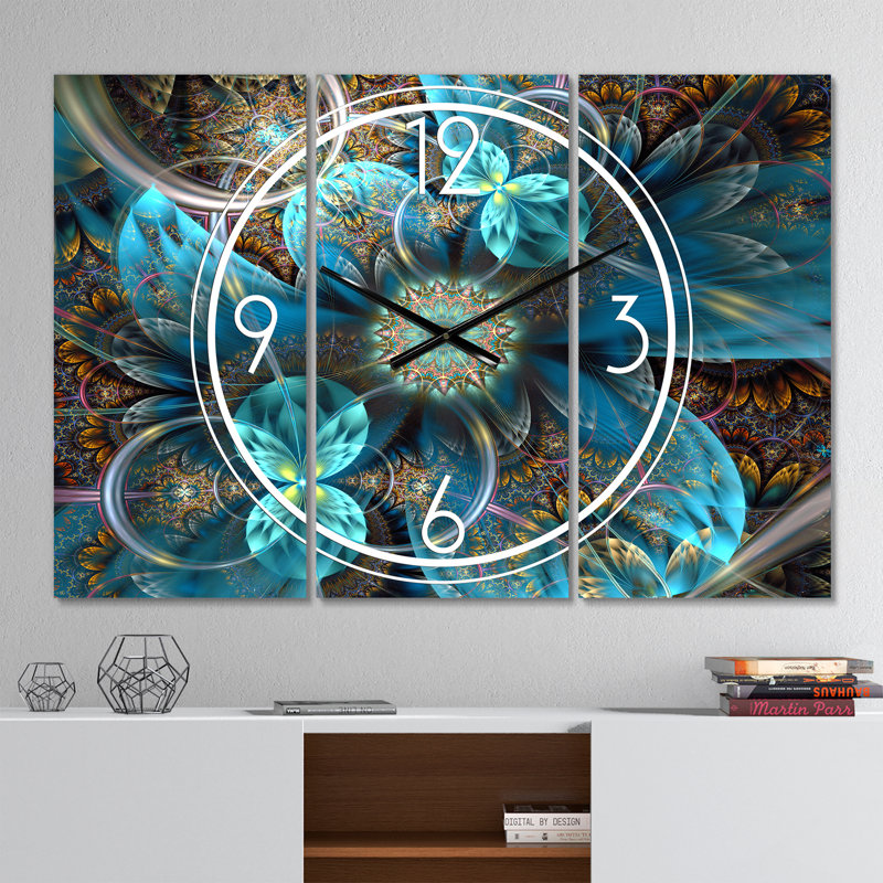 Fleurs bleues fractales - horloge murale moderne