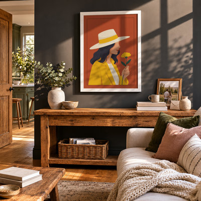 Woman with Yellow Flower Modern - Framed Print