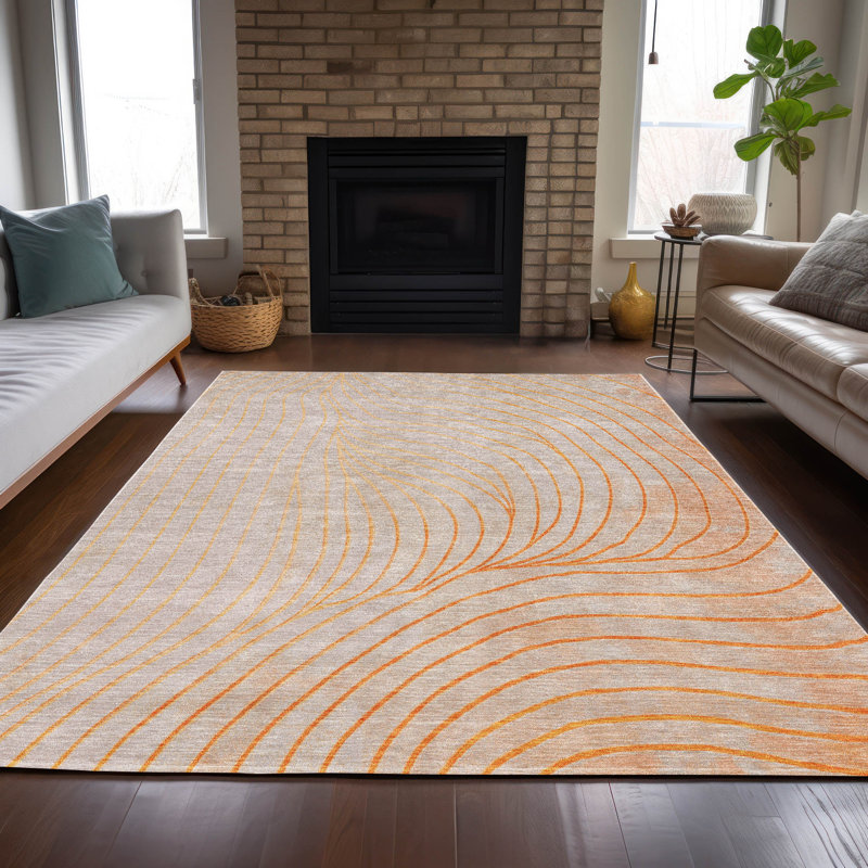 Tapis orange intérieur / extérieur lavable à la machine Xhevrie, Rectangle 9 pi x 12 pi