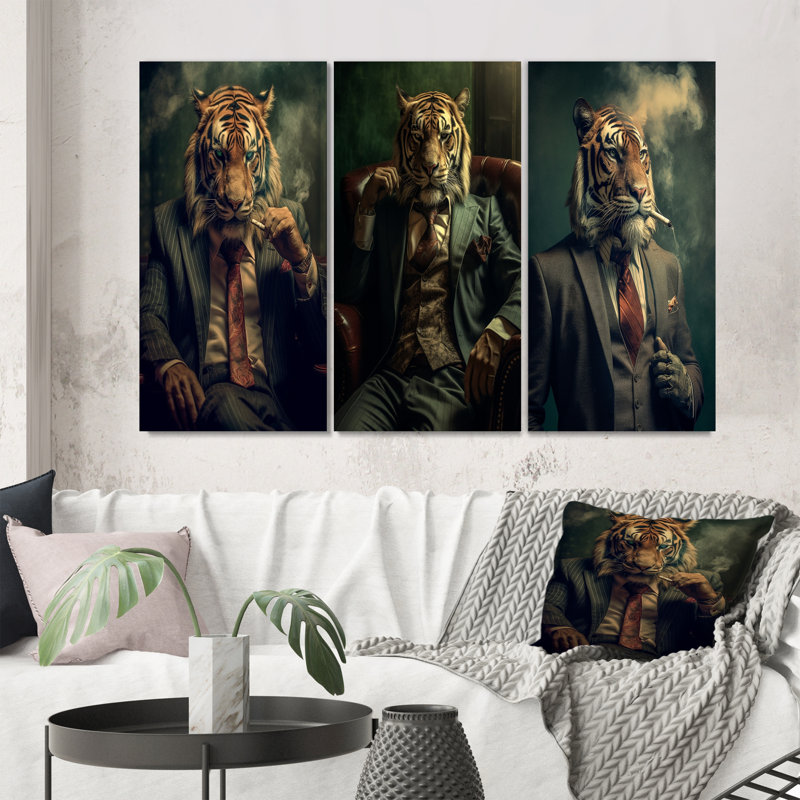 «Stylish Lion In suit smoking», 3 pièces sur toile, Toile tendue, H 20 po x l 36 po