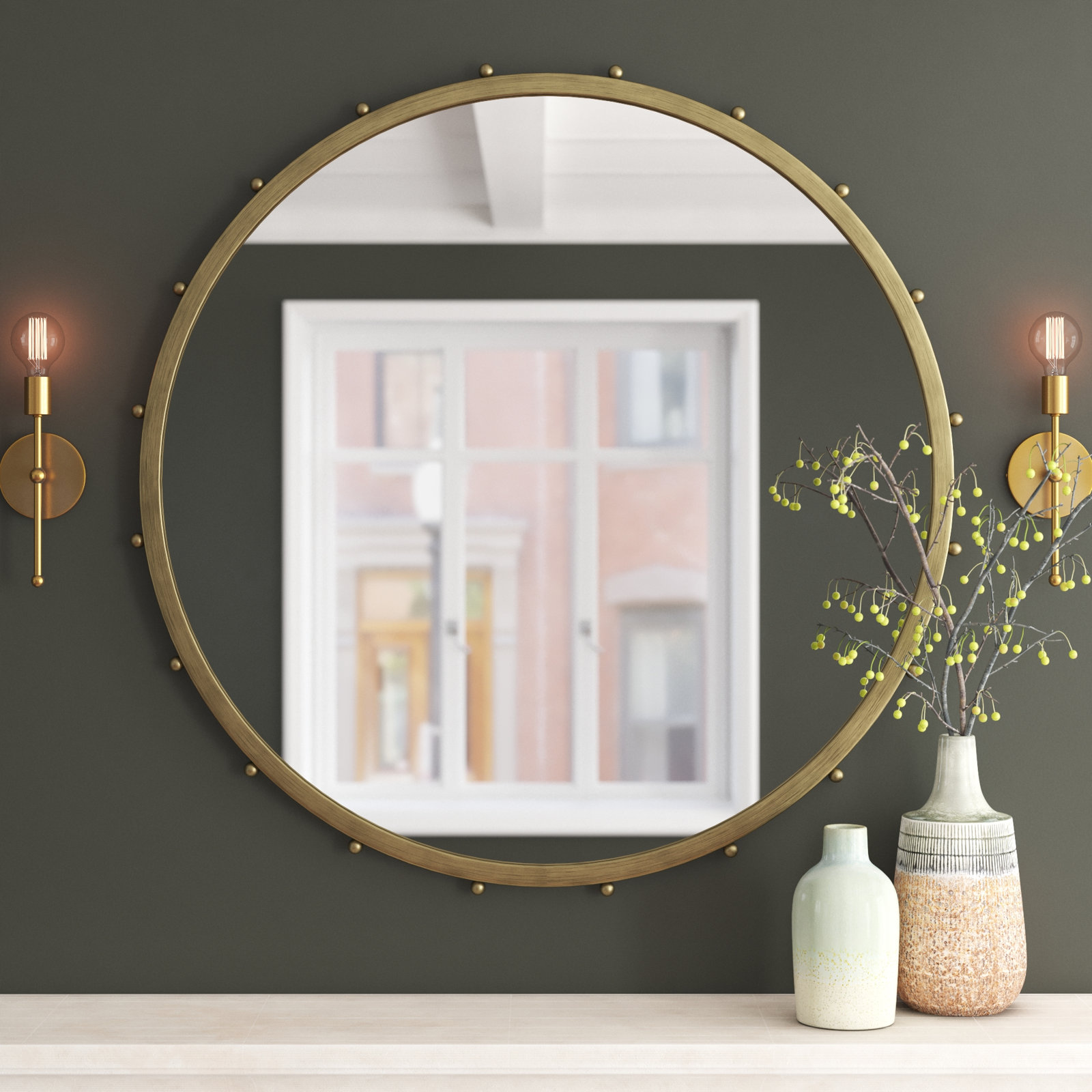 Weston Metal Round Mirror, 43.7" x 43.7", Gold