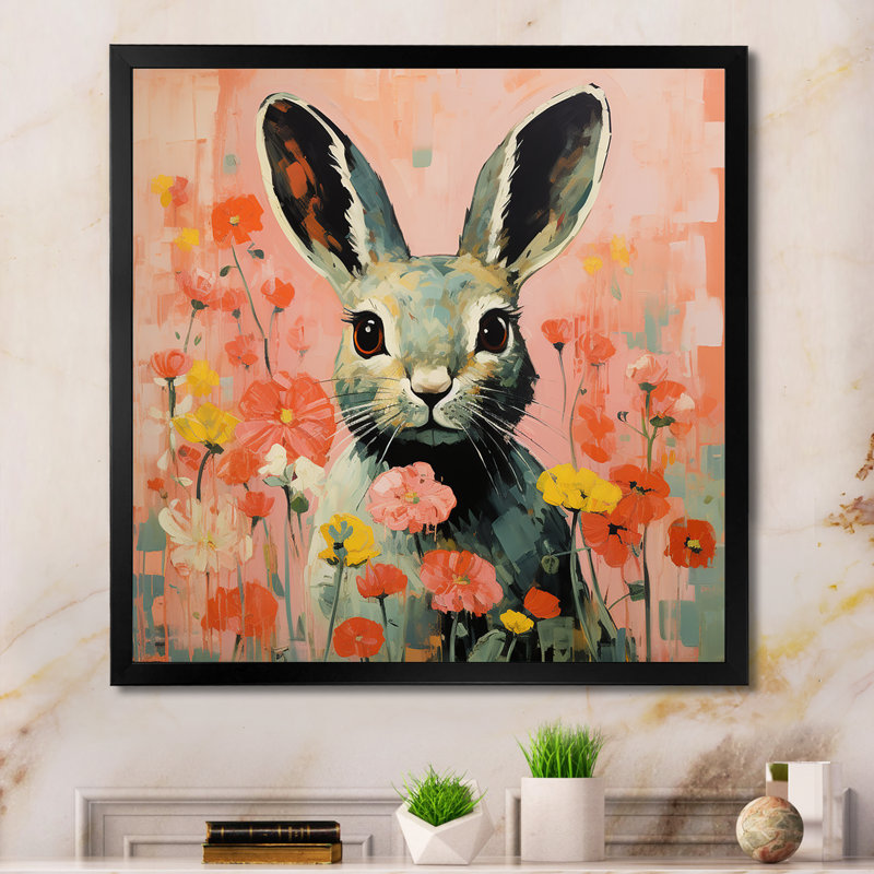 Curious floral rabbit meadow II - Lapin, art mural sur toile, Cadre simple noir, H 36 po x l 36 po x P 1,5 po