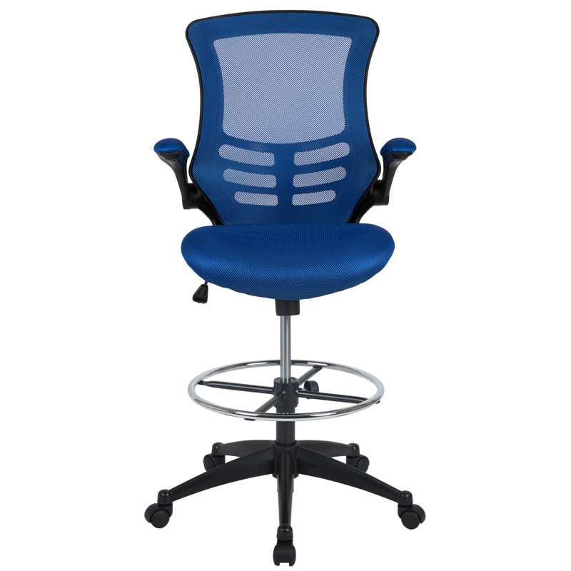 Mid-Back Mesh Ergonomic Drafting Chair with Adjustable Foot Ring and Flip-Up Arms, Blue
