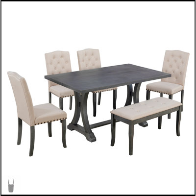 6-Piece Farmhouse Dining Table Set With Rectangular Trestle Table, 4 Upholstered Chairs & Bench For Elegant Dining