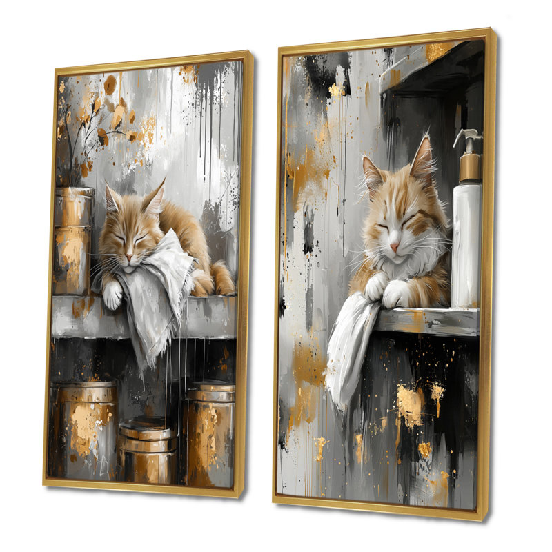 Ensemble de 2 pièces d'art mural gris clair, Cadre flottant doré, H 28 po x l 24 po