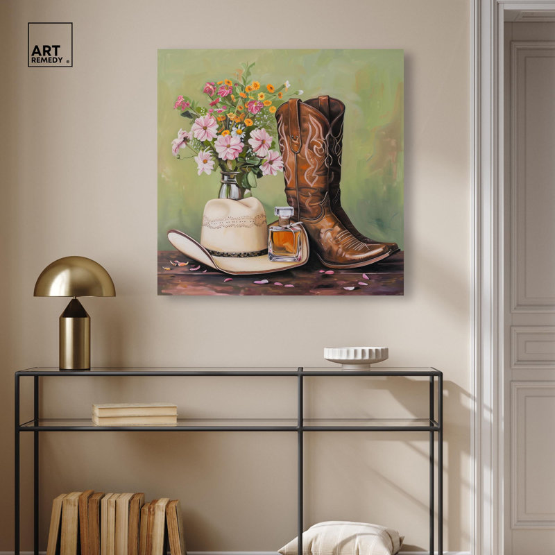 Toile de printemps verte avec les indispensables décorations de cowboy par Art Remedy, H 30 po x l 30 po, Toile tendue