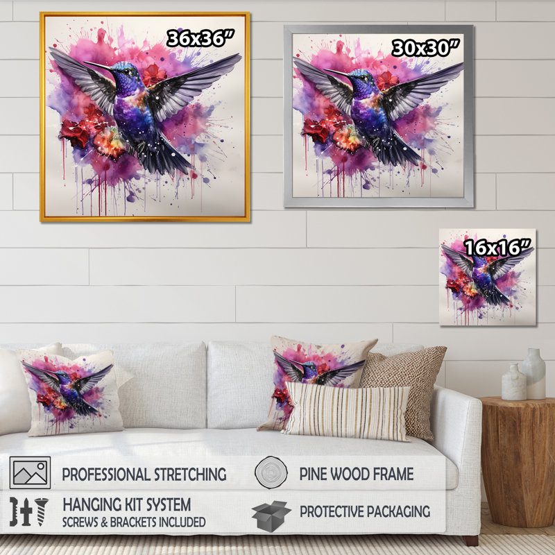 Hummingbird Fluttering Jewel - Art mural colibri, Cadre flottant noir, H 36 po x l 36 po x P 1,5 po