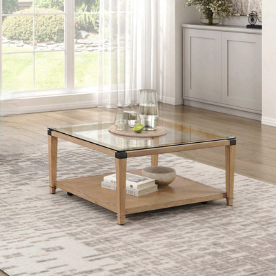 Table basse moderne et élégante avec finition brune et table de salon en verre trempé transparent