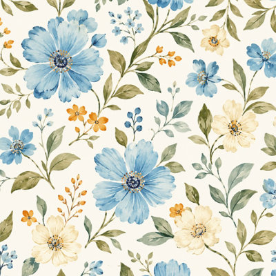 Papier peint adhésif à motif floral bleu, jaune et jaune crème l 23,6 po x H 118 po auto-adhésif amovible pour locataires