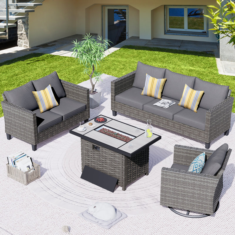 Meriyah Premium All-Weather Wicker 6 - Person Patio Conversation Set with Cushions, Dark Gray