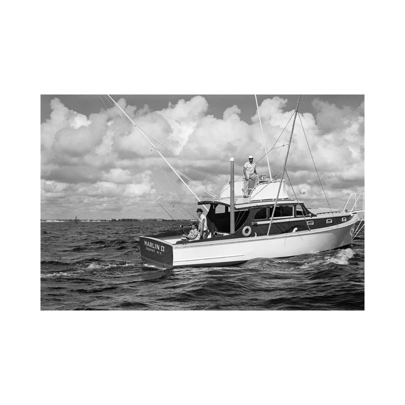 1950s Group of 3 Men Trolling off of Fishing Boat in Gulf Stream 1 Piece Wrapped Canvas Wall Art, 20.32 cm H x 30.48 cm W