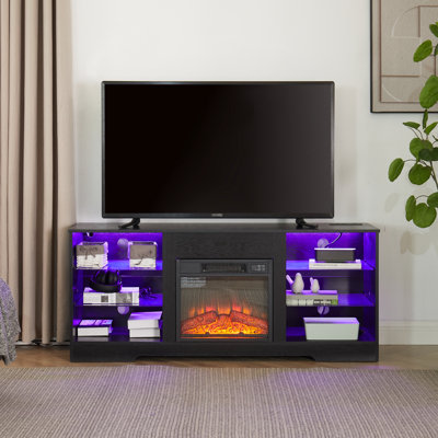 Meuble télé avec foyer électrique et système de déformation, l 58 po, console de rangement noire l 58 po - jusqu'à 65 po