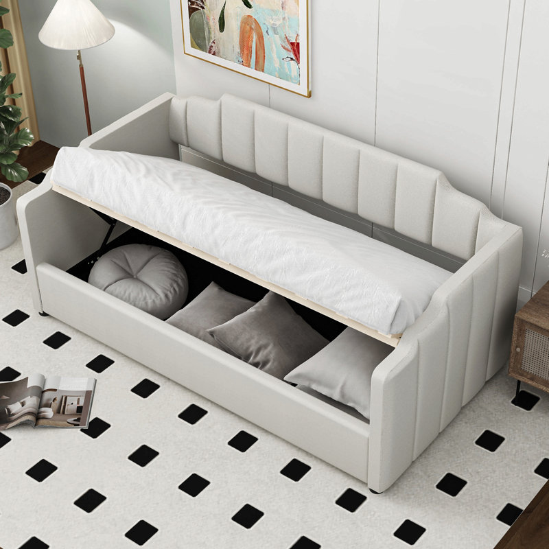 Lit de jour rembourré avec rangement inférieur, Beige, Lit simple