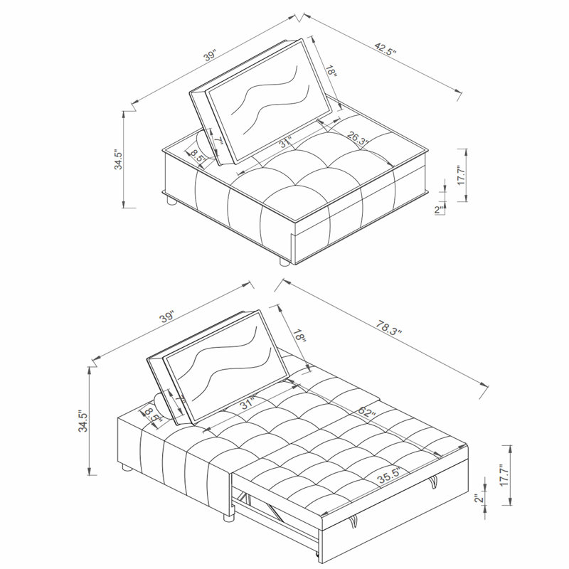 Versatile Linen Fabric Ottoman Sofa Bed with Multiple Functions for Comfortable Living, Dark Gray
