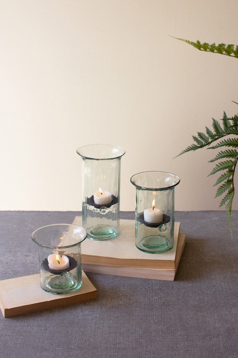 Sakie 3 Piece Hand-blown Small Glass and Metal Votive Holder Set