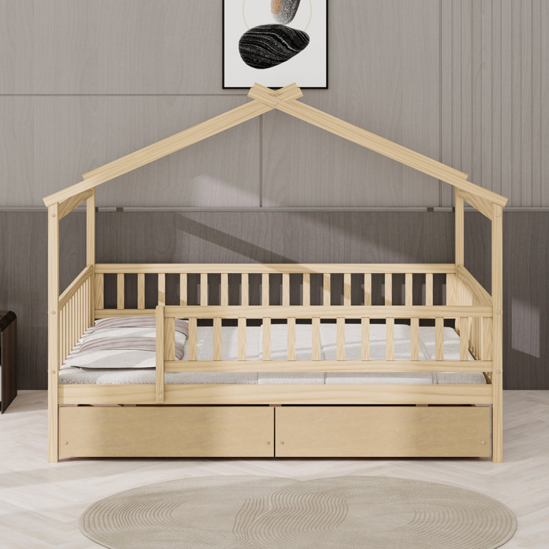 Lit en bois avec deux tiroirs, Naturel