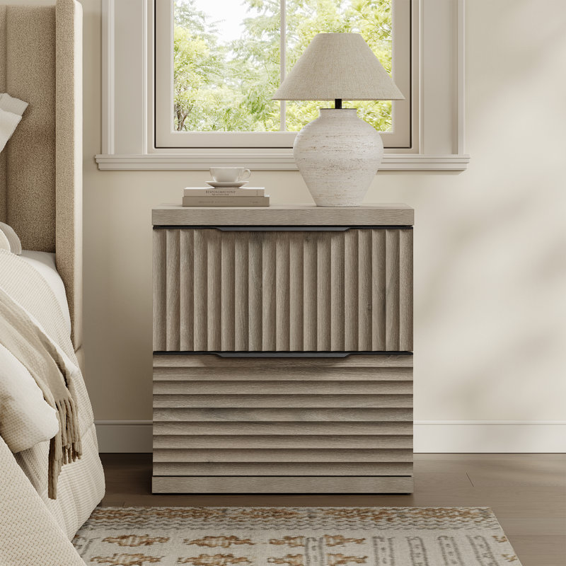 Modern Fluted 2-Drawer Nightstand, Gray Alder