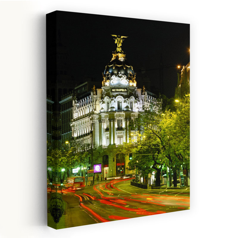 Metropolis Building at night and light trails on street Madrid Spain 1 Piece Wrapped Canvas Wall Art, 60.96 cm H x 40.64 cm W