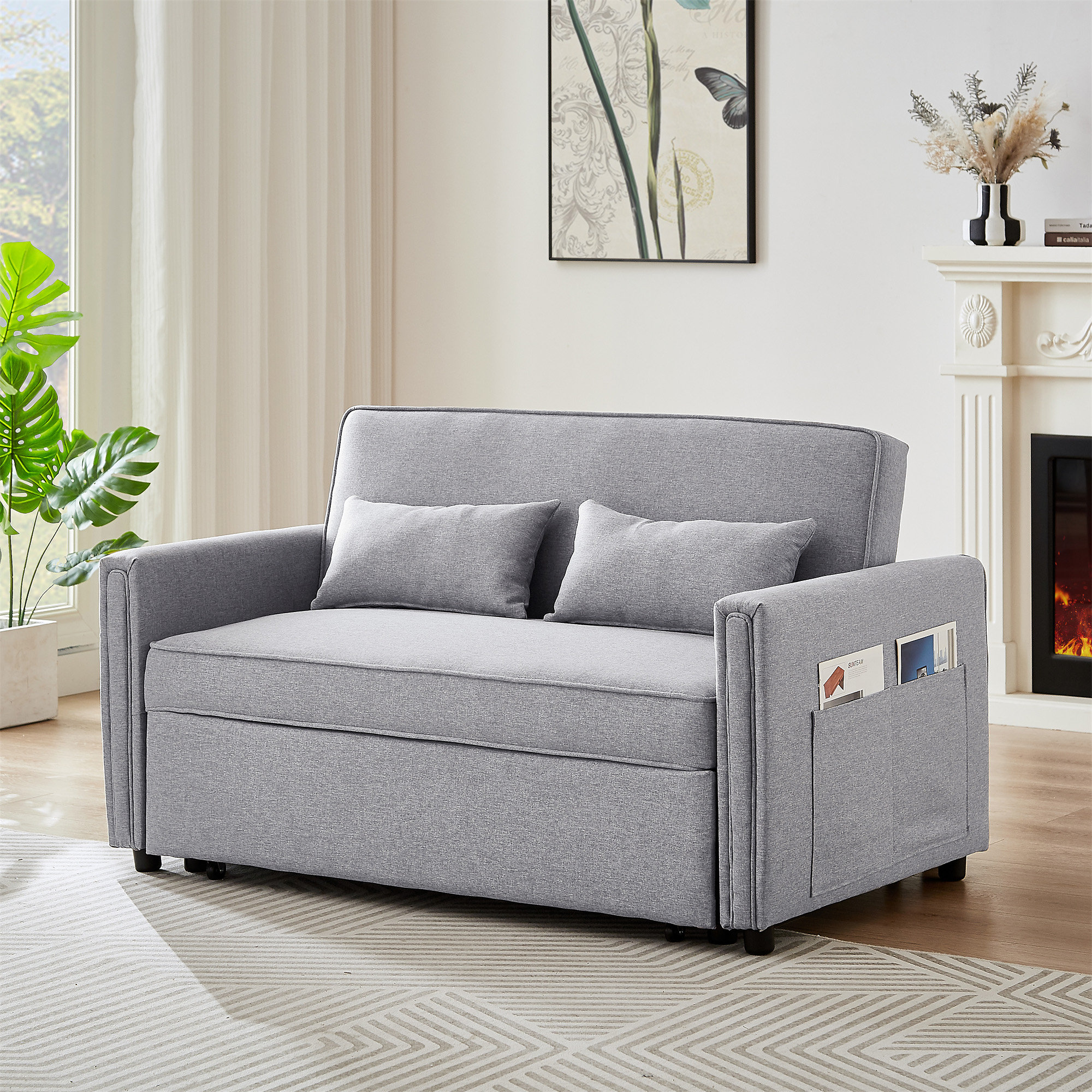 Ebern Designs Modern Linen Convertible Loveseat Sleeper Sofa Couch With ...