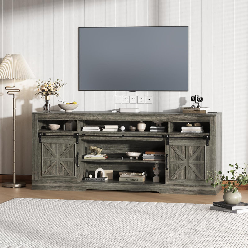 Farmhouse TV Stand for 75" Television, Entertainment Center with Semi-Open Storage & Barn Doors, Media TV Console Table with Adjustable Shelf for Living Room, 66" Width