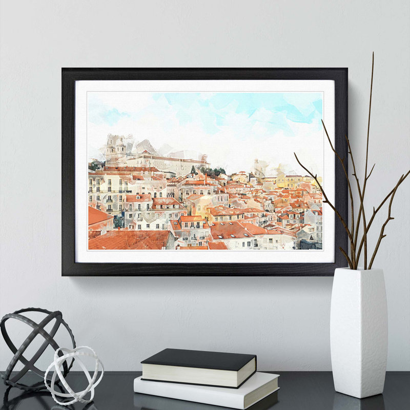 Alfalma Lisbon Portugal Skyline in Abstract - Picture Frame Graphic Art Print, Black Framed, 36cm H x 48cm W x 2cm D