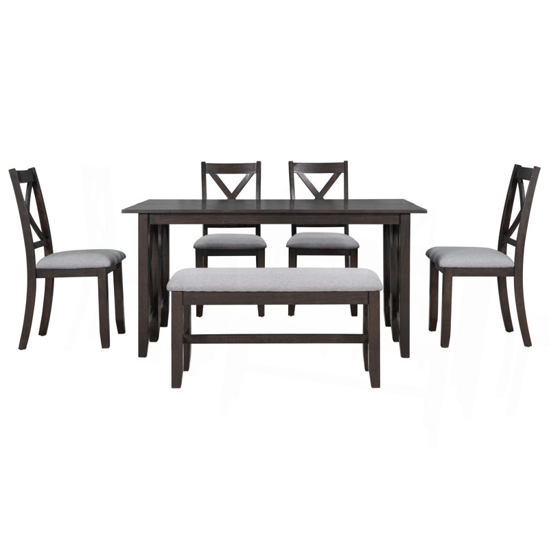 Ensemble de salle à manger 6 pièces en bois massif avec 4 chaises et banc pour la salle à manger, Espresso, Gris/espresso