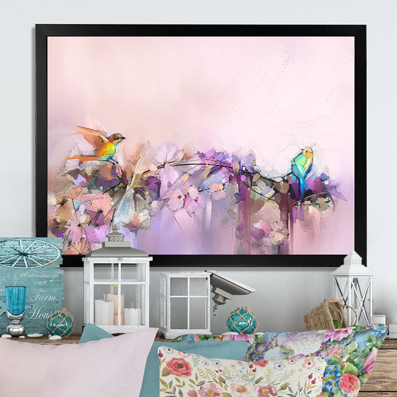 Pinceau, oiseaux mauves et beiges - reproduction encadrée sur toile, Cadre noir, H 8 po x l 12 po x P 1 po