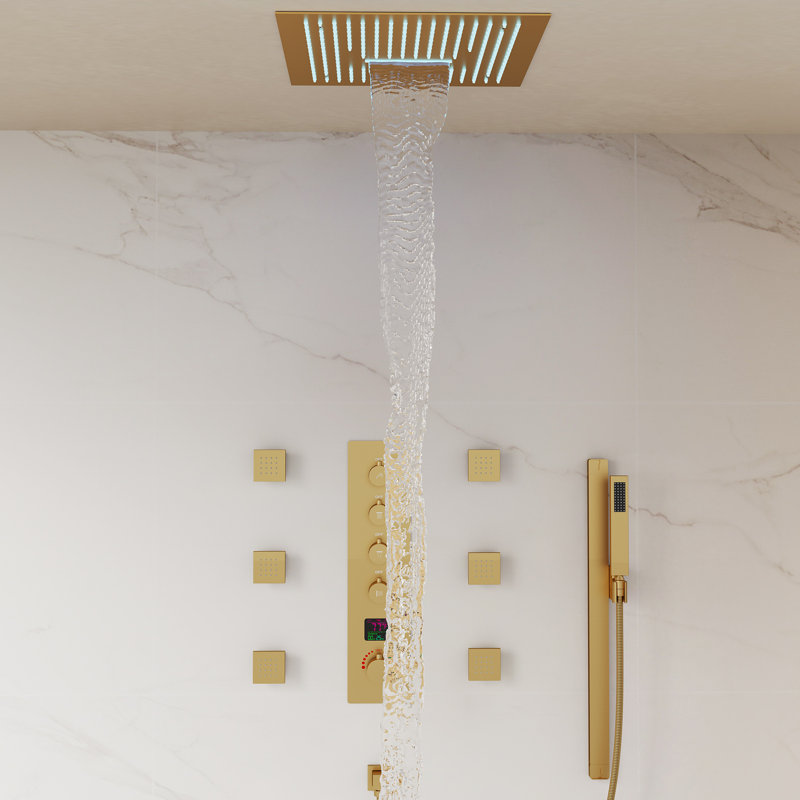 Système de douche thermostatique à DEL de 16 po à montage au plafond avec effet pluie et cascade, 6 jets corporels et douchette à main