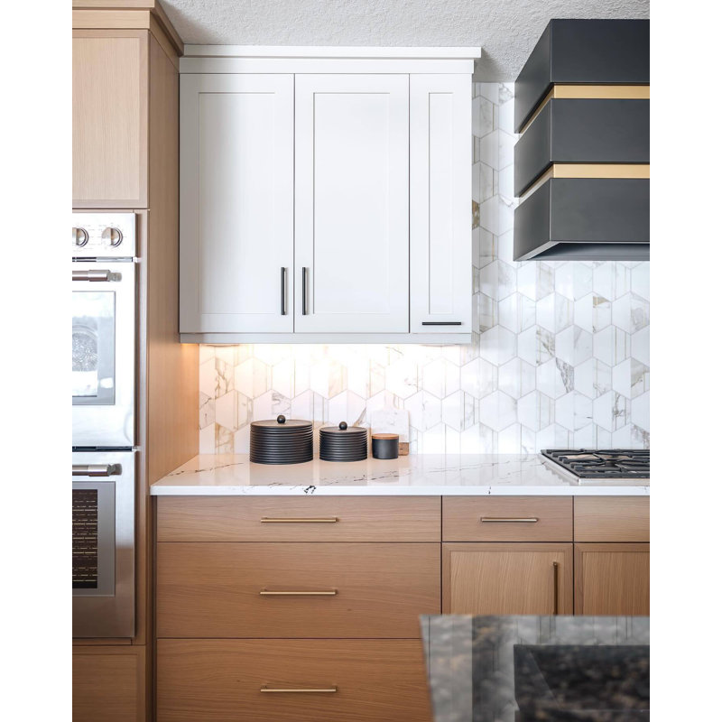 Fuse 6" Hexagon Polished Marble And Brass Inlay Mosaic, Bianco/Brass
