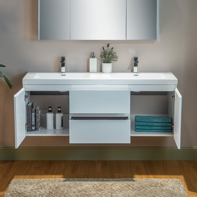 59 in. W x 19.6 in. D Wall Mounted Floating Vanity with Resin Composite Vanity Top, White, White