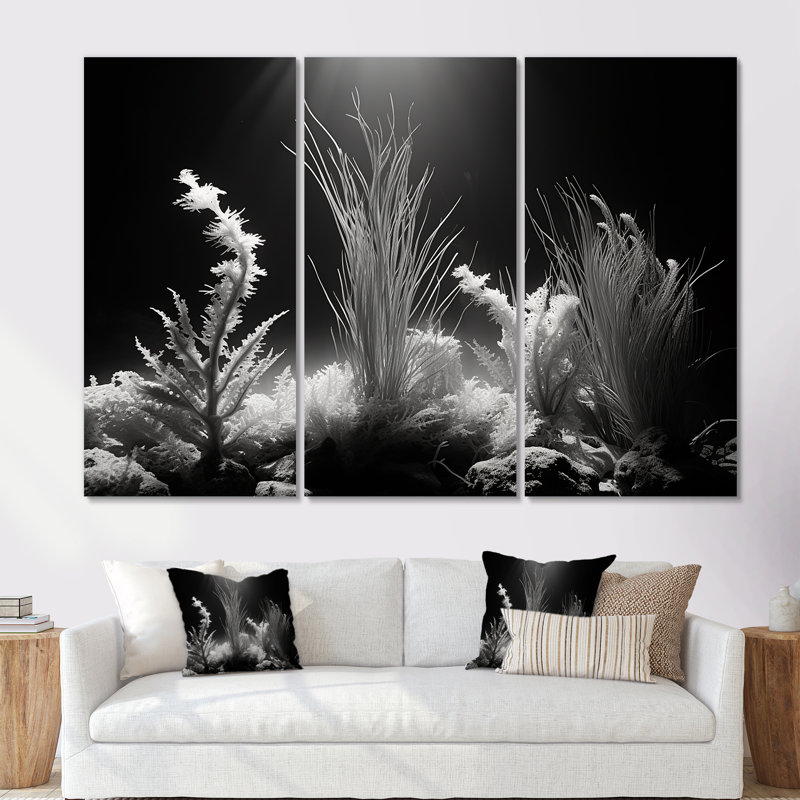 «Black and White Underwater Silent Flow I» - ensemble d'impression d'art mural corail sous l'eau, Toile tendue