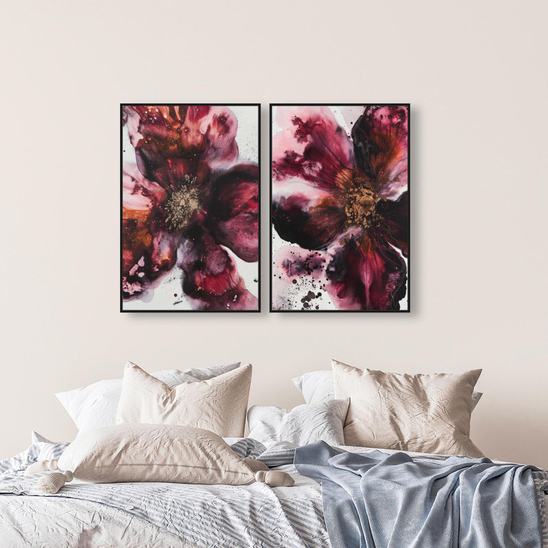 Oliver Gal Gleaming Rose Set Floral Abstract - Garnet Glitter & Leaf Framed Canvas Art, 37" H x 25" W, Black