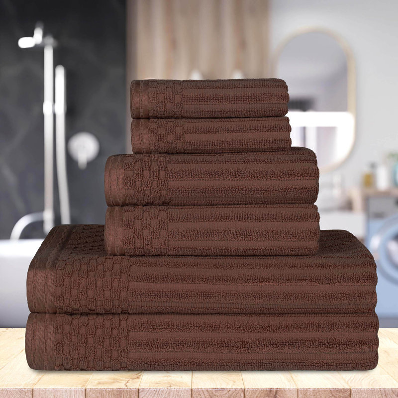 Ruvins Cotton Highly Absorbent 6-Piece Solid and Checkered Border Towel Set, Brown