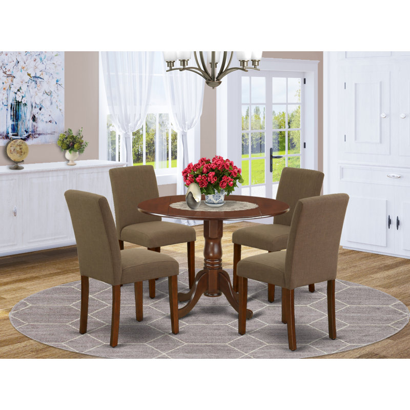 L'ensemble 5 pièces de table et chaises de cuisine comprend une table de salle à manger ronde avec Dropleaf et 4 chaises de salle à manger Parson en tissu de café, 42 x 42 pouces, acajou