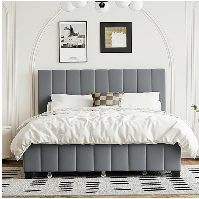 Lit plateforme double en velours avec 2 tiroirs et 1 lit double TG - gris