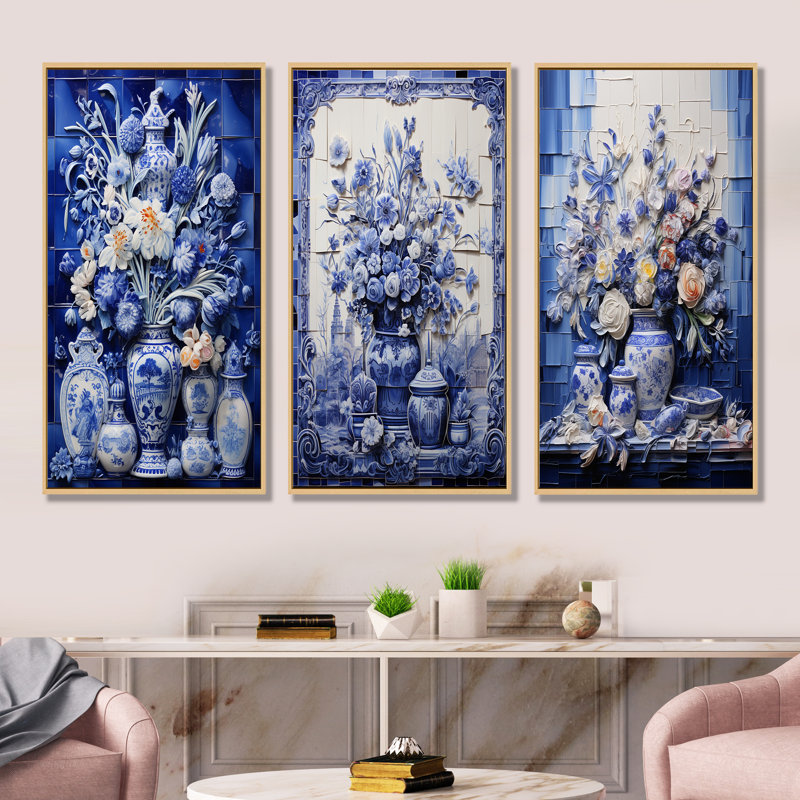 «Blue Boho Flower Pottery I - Boho Pottery», ensemble de 3 reproductions d'art mural, H 28 po x l 36 po, Cadre flottant brun