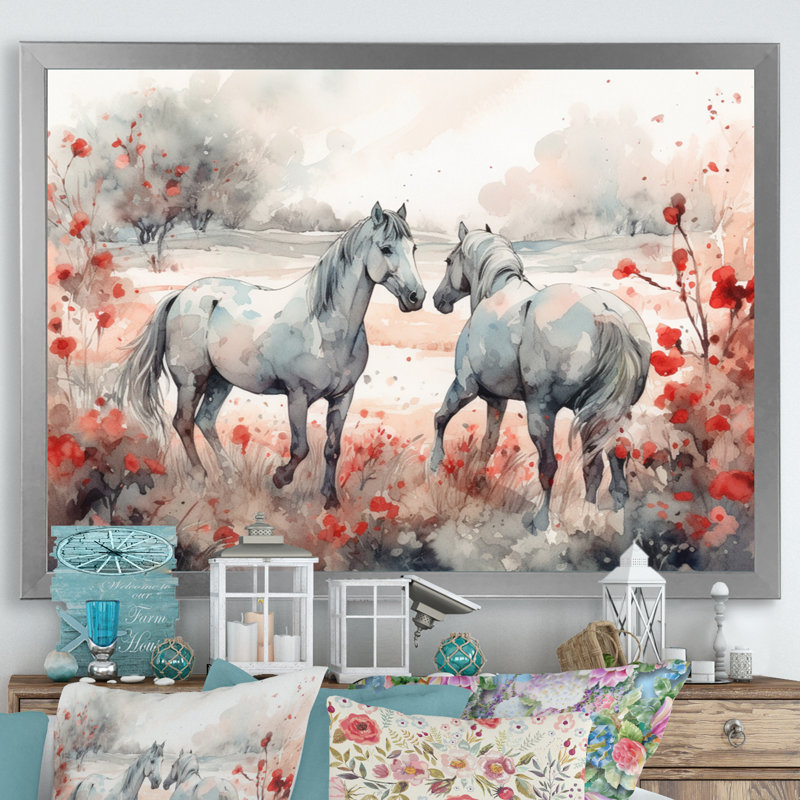 Cheval harmonie sur toile, Cadre simple argenté, H 30 po x l 40 po x P 1,5 po