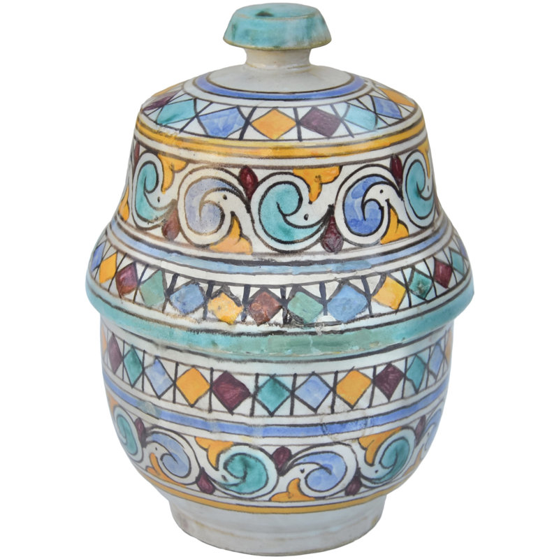 Bol à couvercle marocain en céramique orange et turquoise du milieu du 20e siècle
